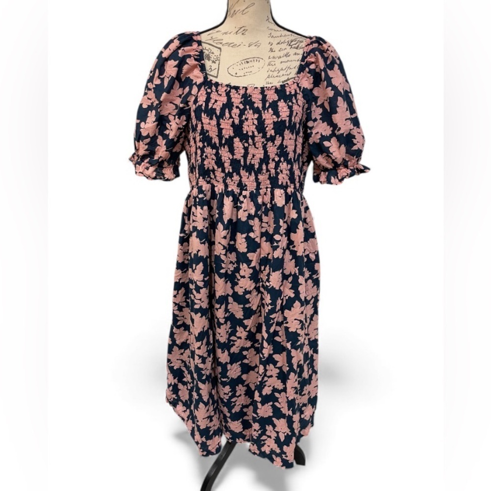 HATCH TheMaries Smocked Floral Midi Dress Navy Pink Puff Sleeve Cotton XXL